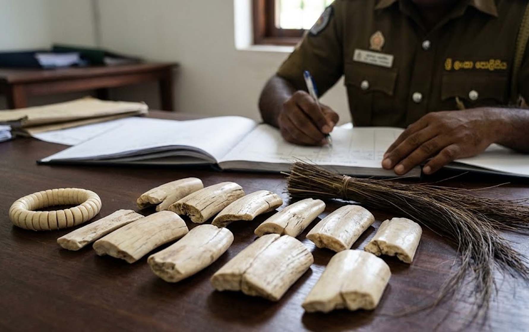 ඇත්දළ කොටස් හා අලිකෙඳි සමඟ පුද්ගලයෙක් කොටුවෙයි